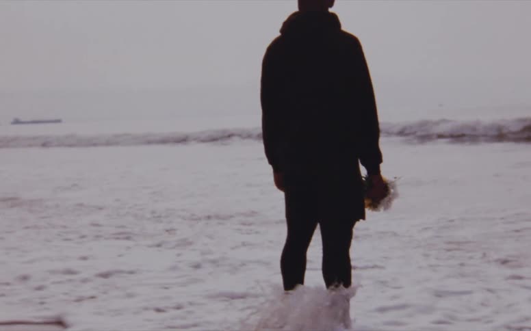 A man is standing by the beach coast at dusk