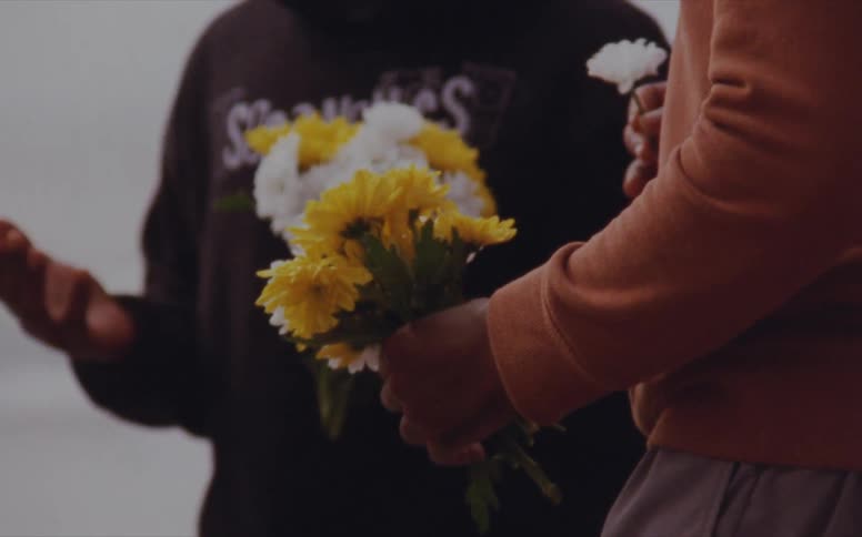 Two people are holding flowers by the coast