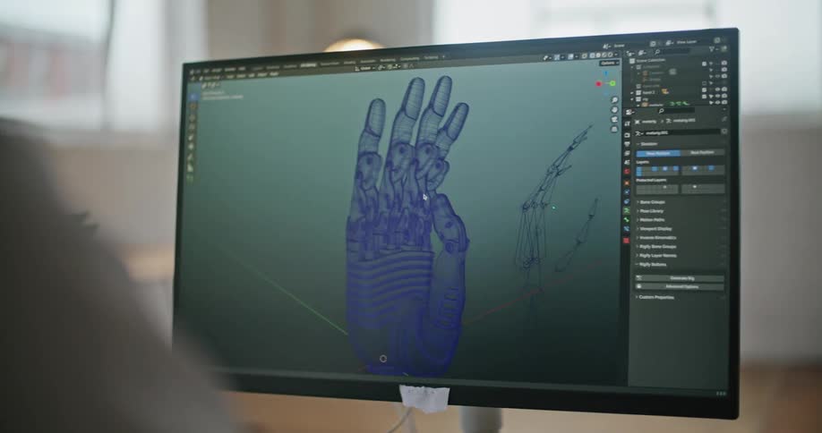 A person in an office watches a robotic hand on a computer