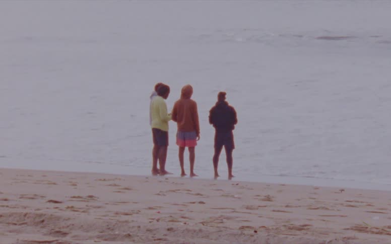 Four men stand on the beach as waves roll in and talk