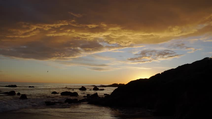 Bird flies over beach as sun casts promontory into a silhouette