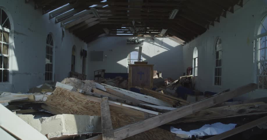 A church full of debris after being destroyed by a storm