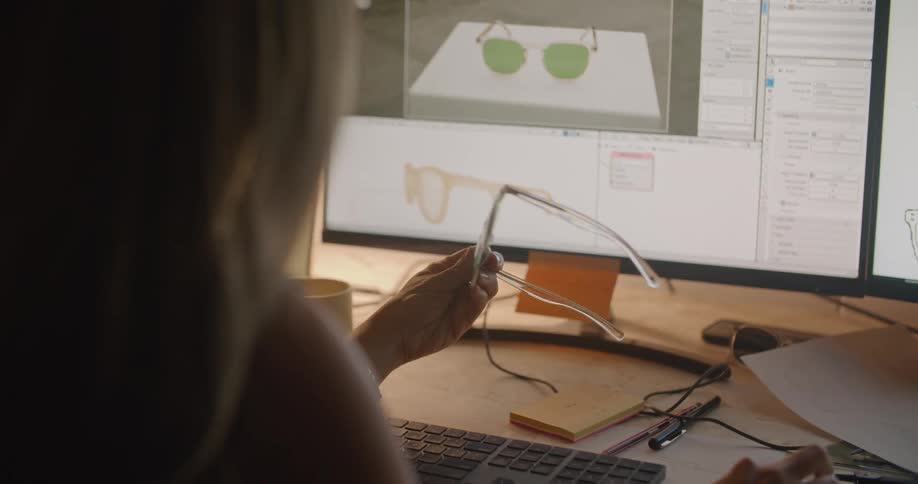 A woman looking at glasses in front of a computer