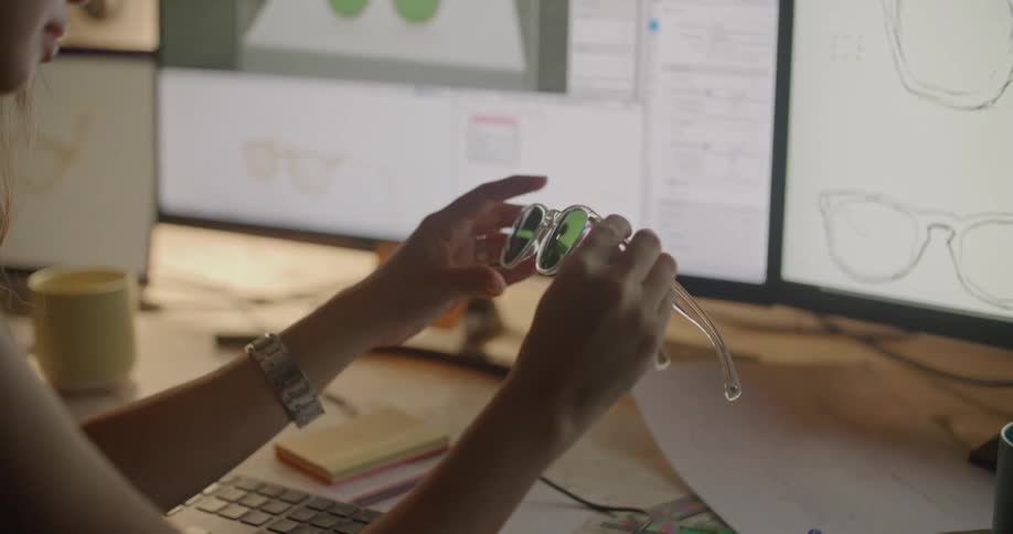 A woman looking at glasses and designing them on a computer