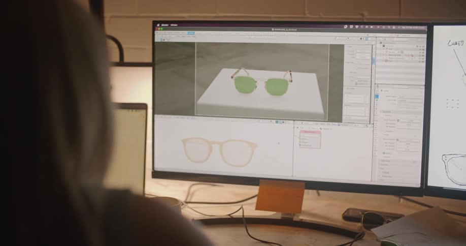 A woman is designing glasses in 3D on a computer