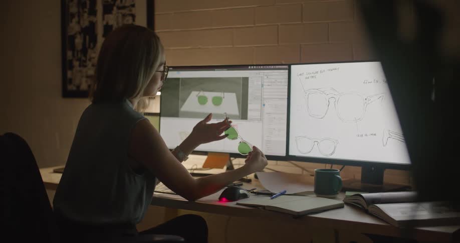 A woman is looking at sunglasses in front of her computer
