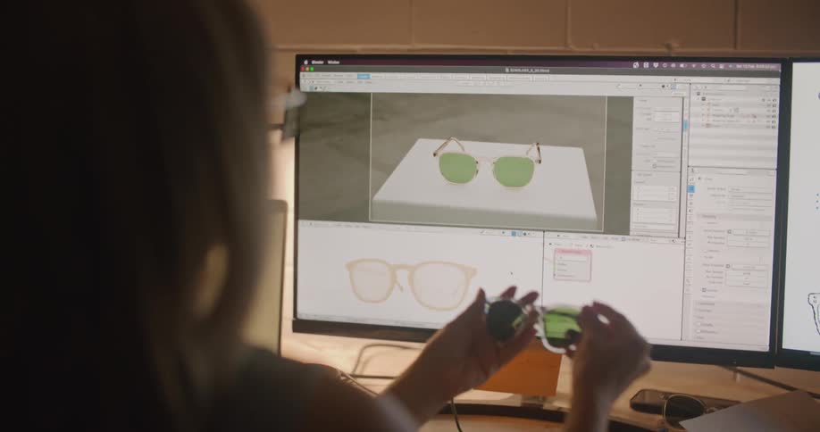 Woman examines sunglasses and compares them to images on large dual monitors
