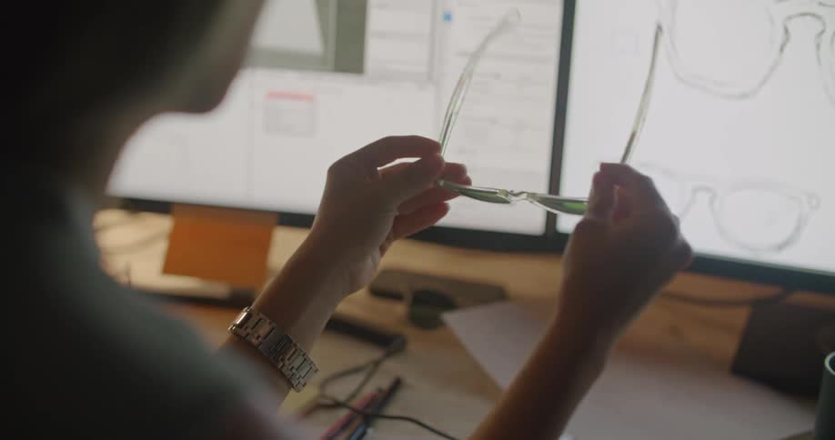 Woman sitting at the desk holding a sunglasses in front of a computer screen and analyzing it