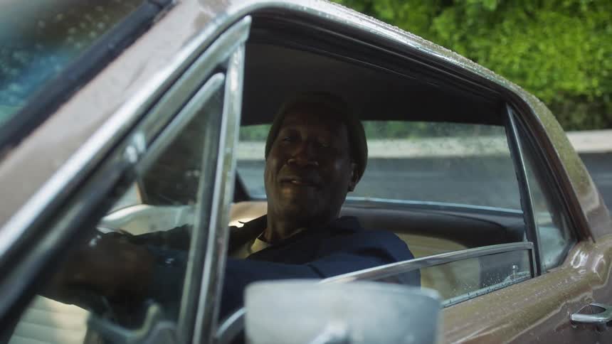 A man is sitting in a parked car in spring
