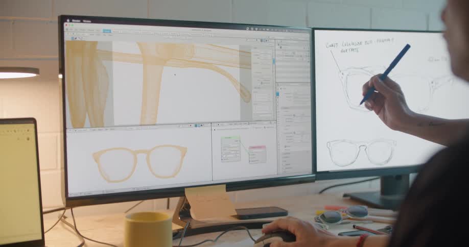 Colleagues discuss the design of a pair of glasses on a computer screen