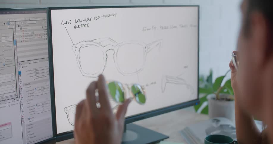 Man and woman sitting at a table comparing a sunglasses with the drawings of the sunglasses presented at the monitor in front of them