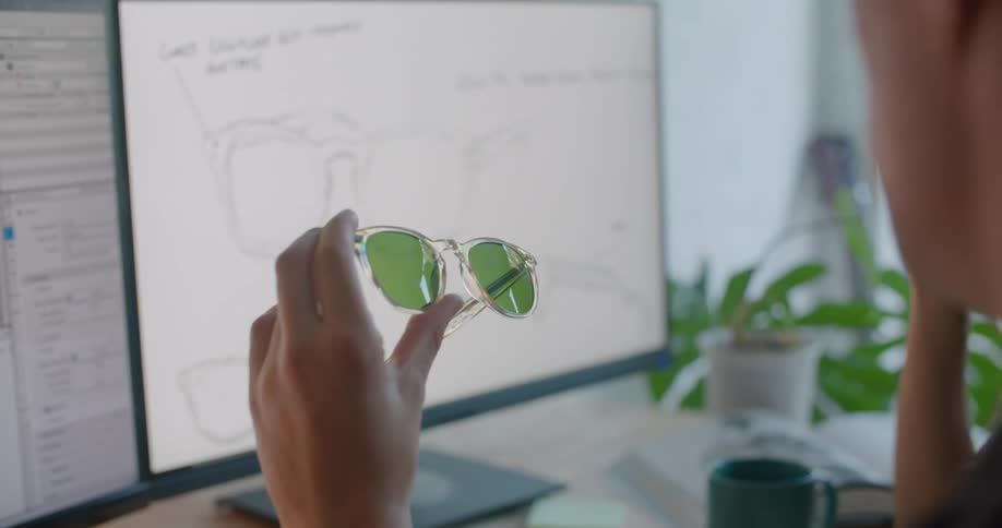Man and woman analyzing a sunglasses theyre holding and comparing it to the drawings on the monitor
