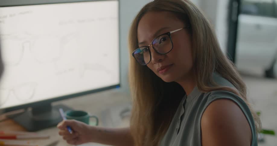 Coworkers discuss work sitting at table with shades and computer and papers related to them