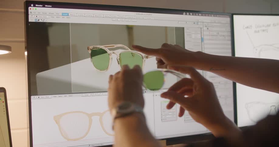 A man holds a pair of glasses up to a computer as a woman points at the glasses on screen and they compare them
