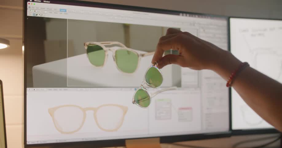 Man and woman comparing a sunglasses theyre holding to a picture of it on the computers screen ahead