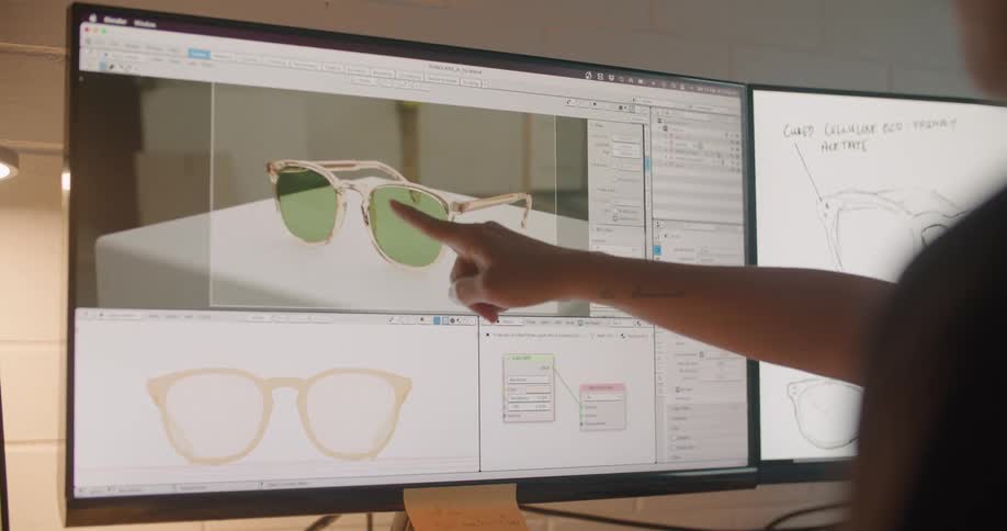 Colleagues discuss the design of eyeglasses on their computer