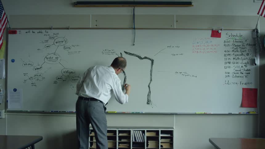 A teacher drawing in the whiteboard at an empty classroom