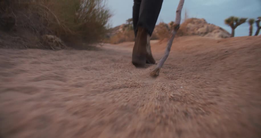 Woman walks through scrubby desert dragging a stick