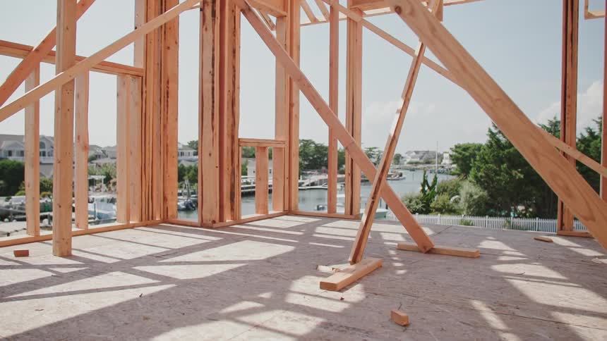The wooden beams are set up on the construction site