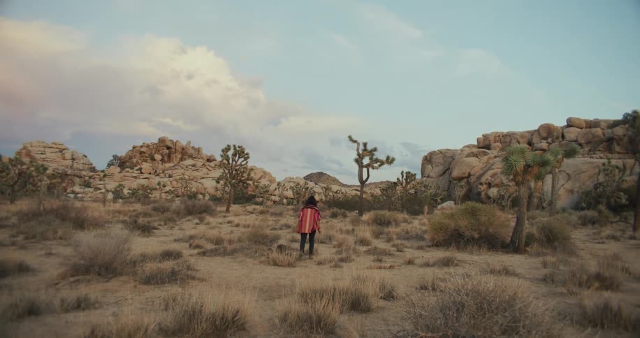 Person walks across scrub toward piled boulders using a walking stick