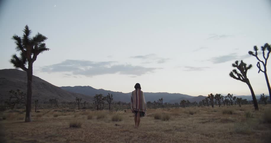 Woman in a striped shawl walking in the desert