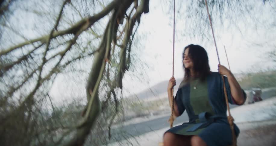 Woman swinging on a tree swing in a leafless tree next to a road