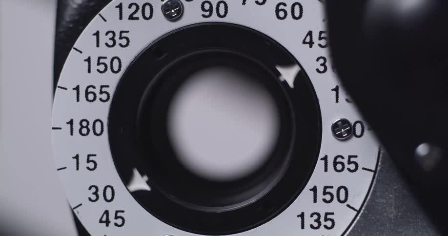 Calculating eyesight with phoropter in optometrist office