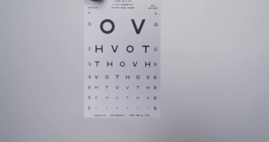 A phoropter at an optometrists office lifts up to reveal a poster on the wall