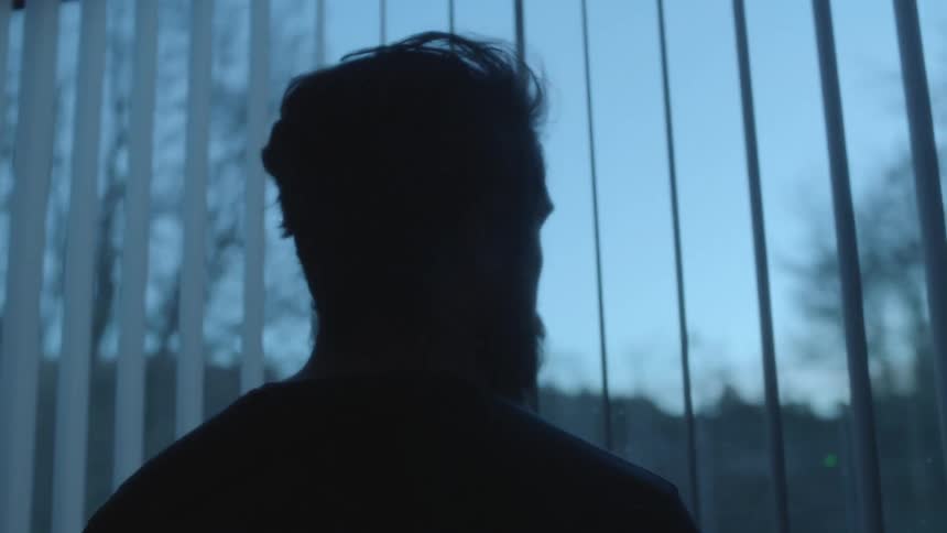 A man with a beard stands in front of a large window while looking out at the scenery outside