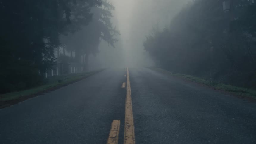 A car driving on a rural road on a misty morning