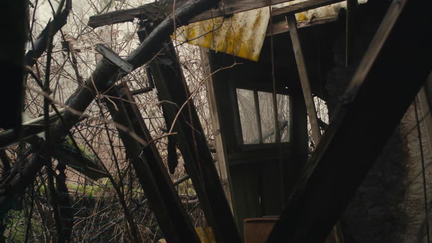 The shelter is destroyed in the woods