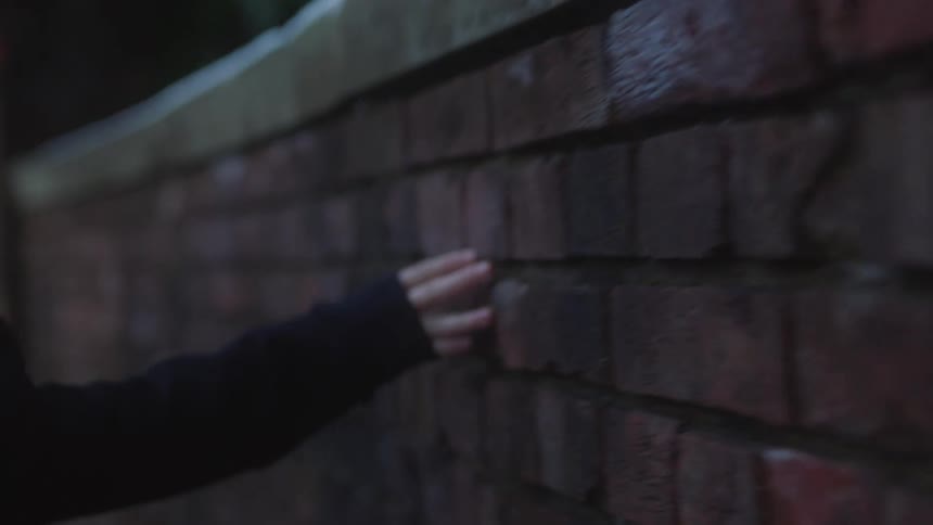 A woman runs her hands along a brick wall