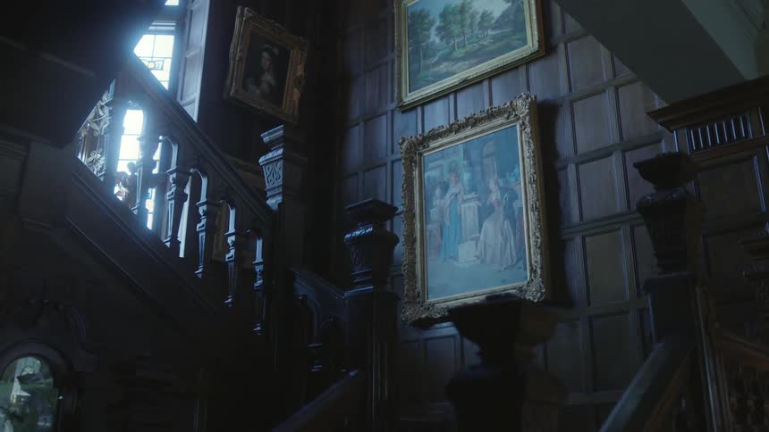 Paintings framed in gold hang on rich wood paneling in a manor staircase