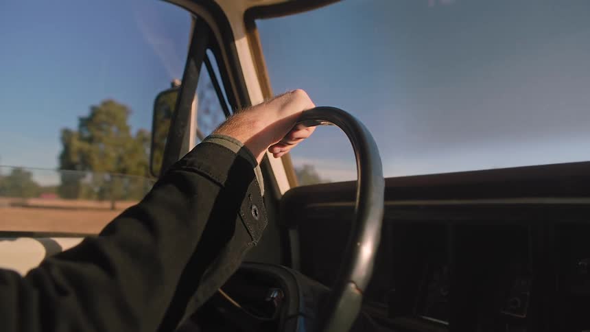 A person is driving a car in spring during dusk
