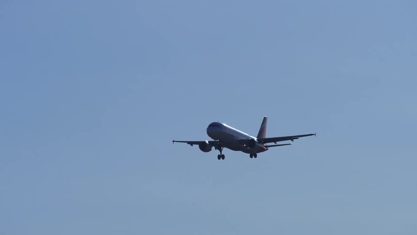 A plane flies in the clear sky
