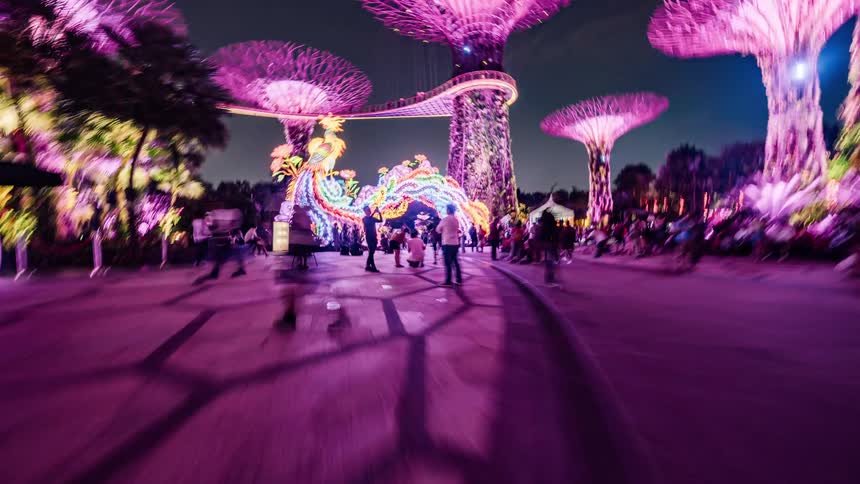 The amusement park is lit at night
