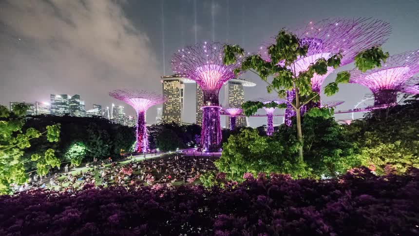 People gathered in the park at marina bay singapore watching colorful flashing lights