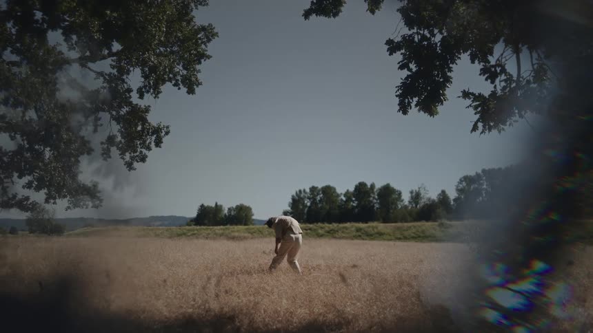 Woman with brown shirt and pants dances in brown grass in the field