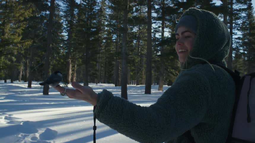 Woman wearing coat and carrying a backpack stands in snow covered conifer forest and smiles as bird lands on her hand