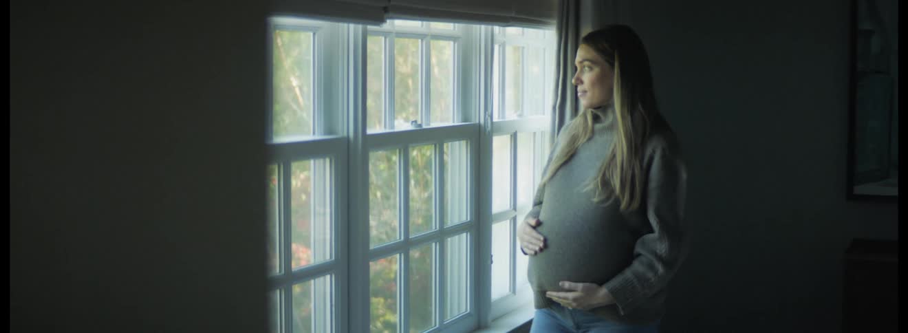 Young pregnant woman standing on the living room at home looking at the garden through a window