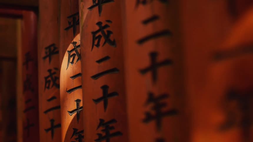 Rows of vertical planks hanging from the ceiling with chinese writing engraved in black
