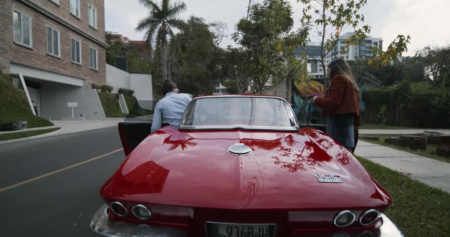 A man and woman enter a sports car parked on a road in a city during the day