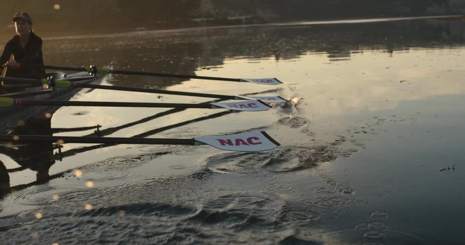 Four people moves oars in unison to operate a rowboat