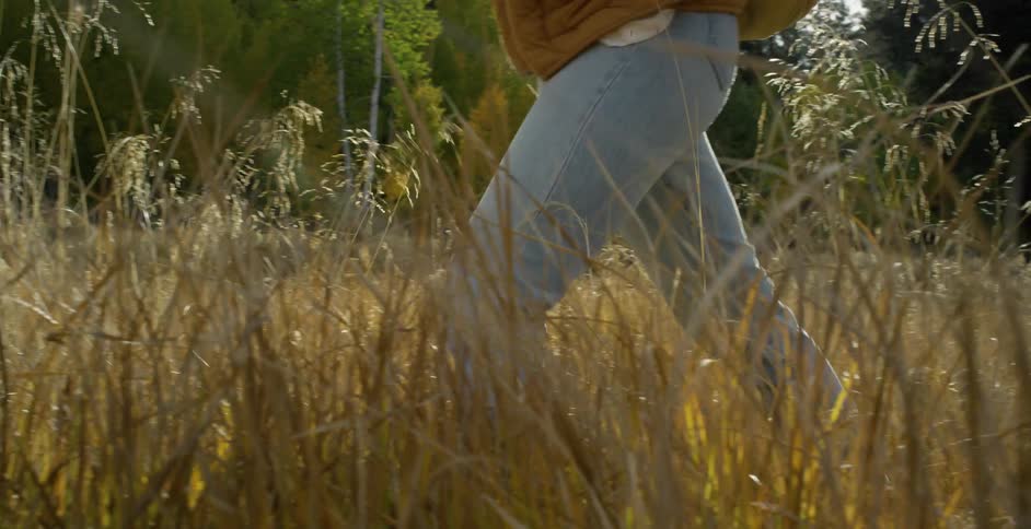 Woman with brown jacket white shirt and jeans walks in long brown grass next to forest