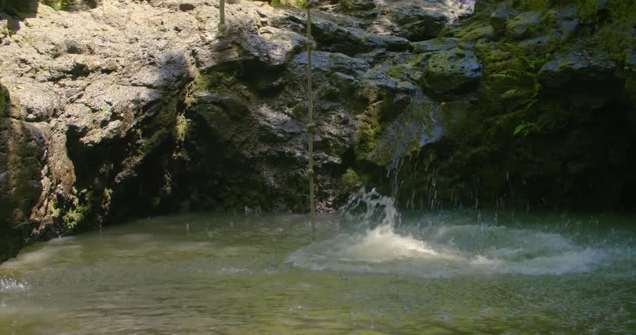A man does a backflip off a rockface into a murky pond in the wilderness during the day