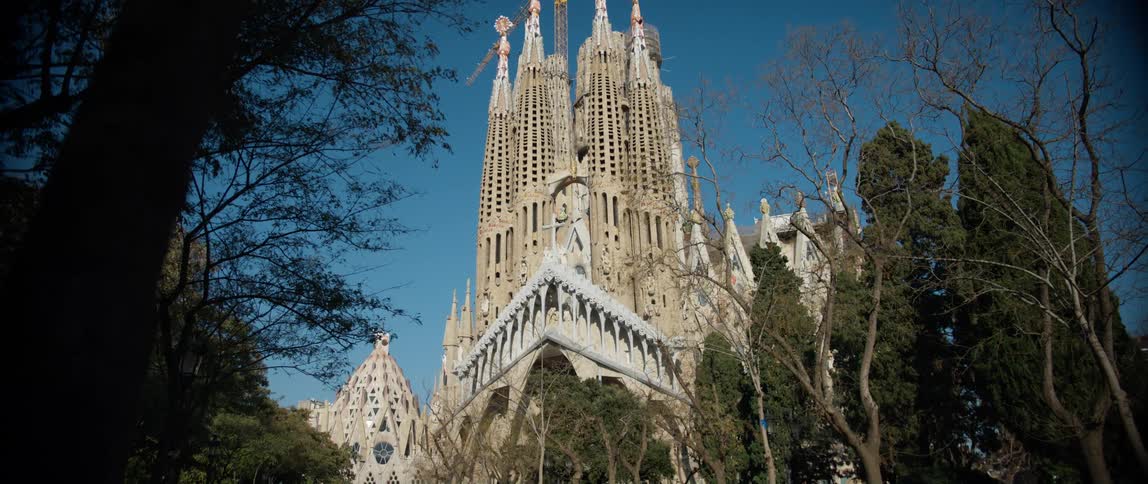 View from below of Basilica de la Sagrada Familia in Barcelona, Spain