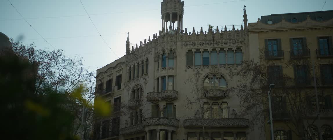 Sun setting over Casa Lleo Morera in Barcelona, Spain