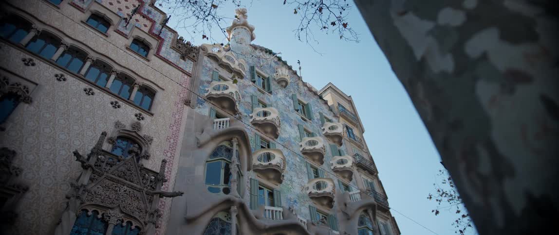 View from below of Casa Batllo by Antoni Gaudi in Barcelona, Spain