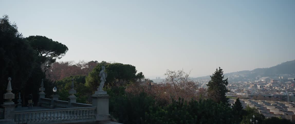 Birds fly past a terrace overlooking the skyline of Barcelona, Spain