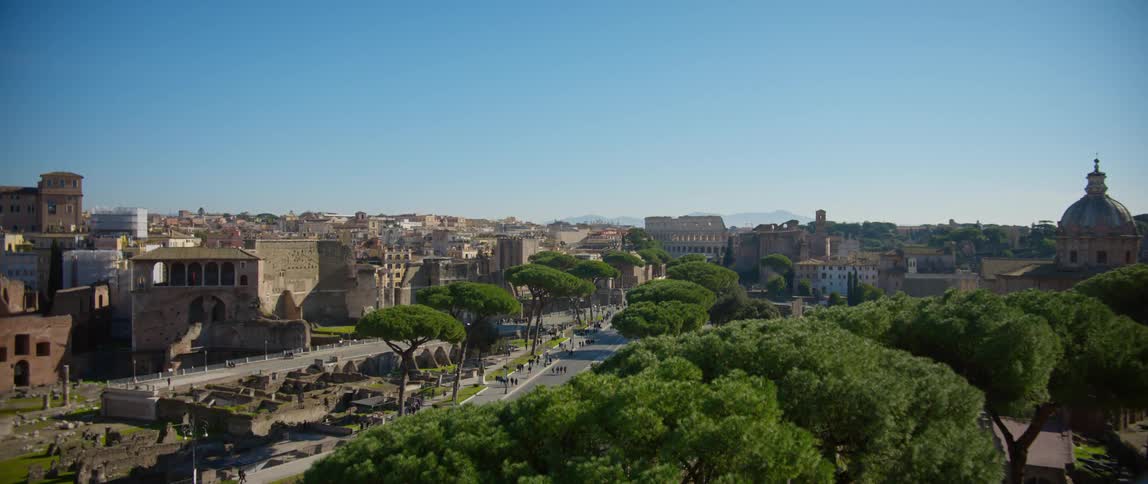 Aerial view of a city in spring is displayed